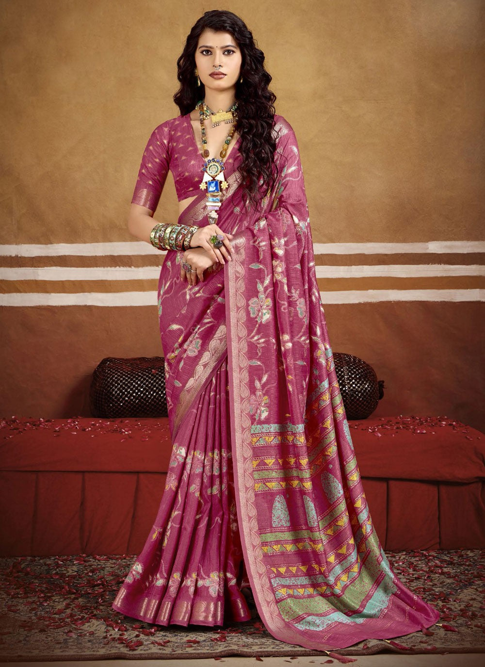 Hot Pink Silk Contemporary Saree Printed, Weaving Zari S16249