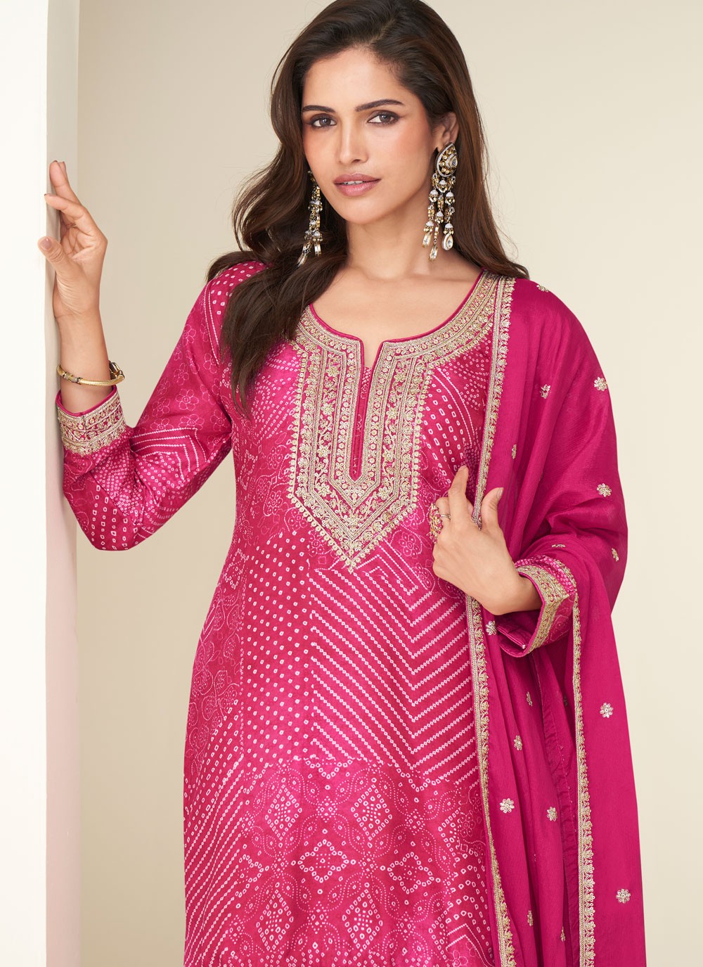 Sharara Suit Embroidered, Printed, Zari Hot Pink T7903
