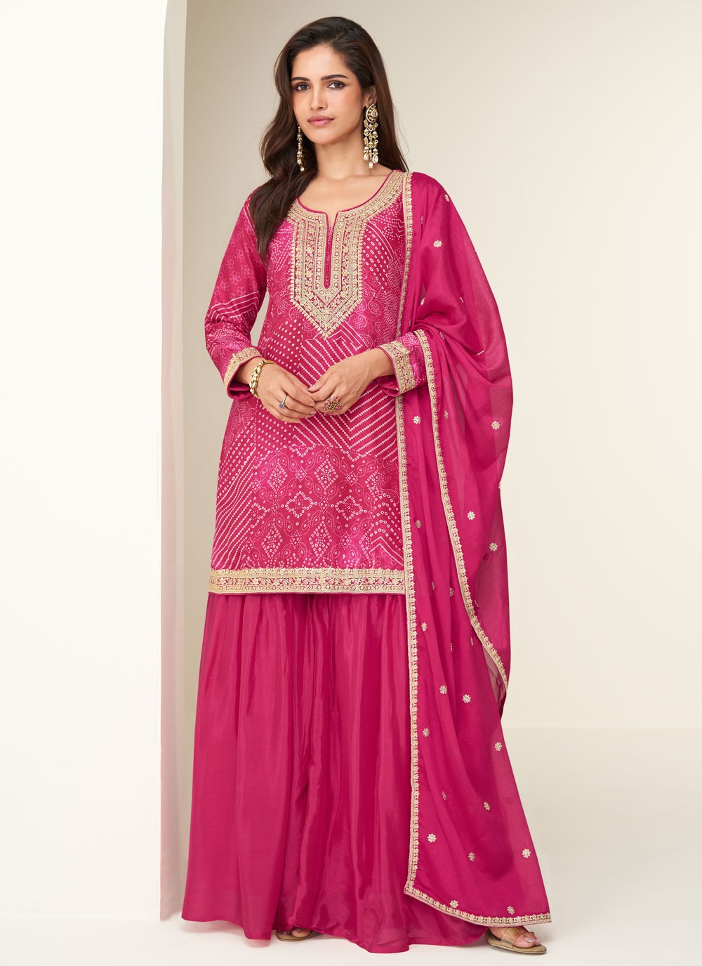 Sharara Suit Embroidered, Printed, Zari Hot Pink T7903