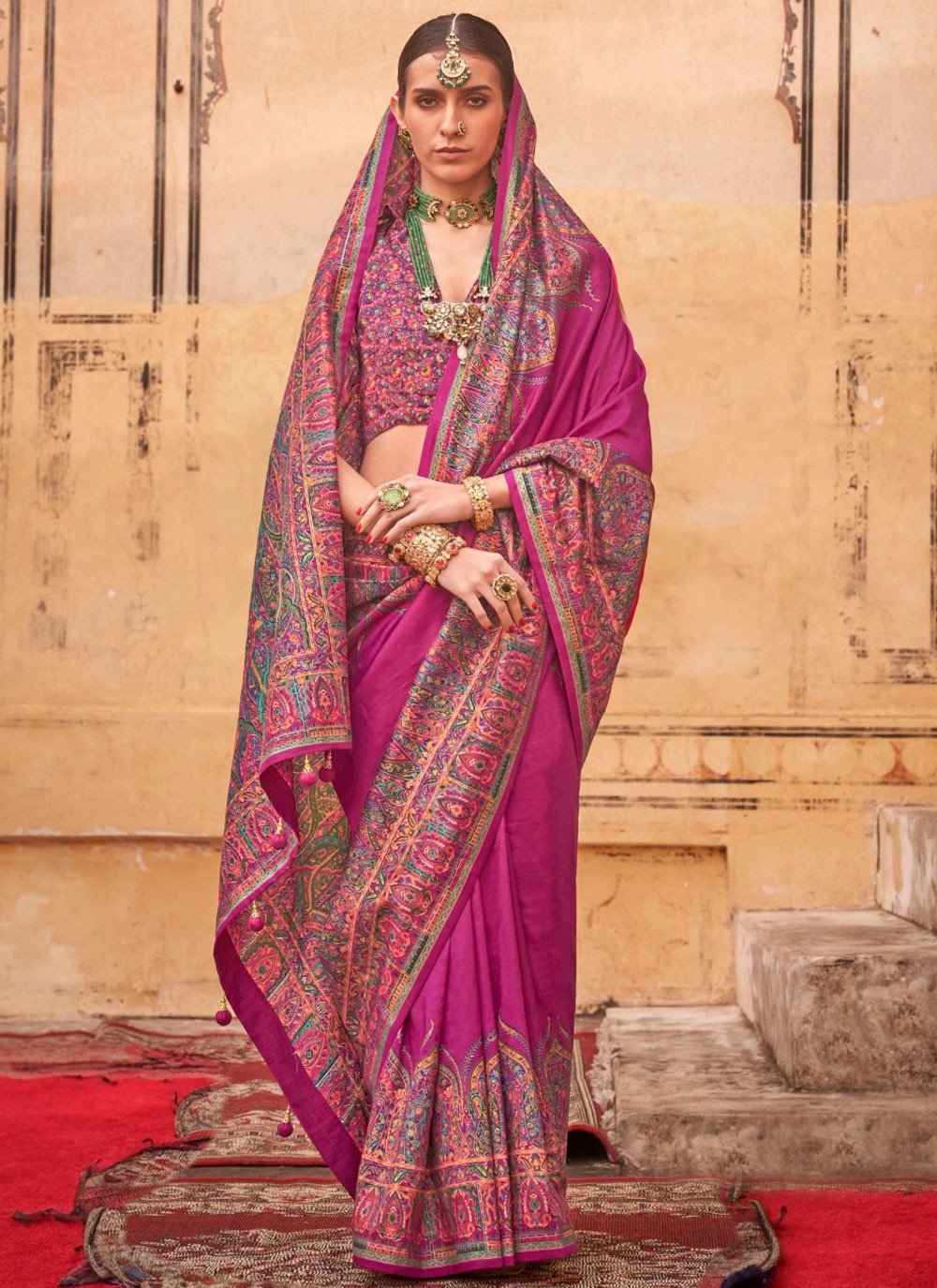 Paisley Printed Silk Hot Pink Saree S14200