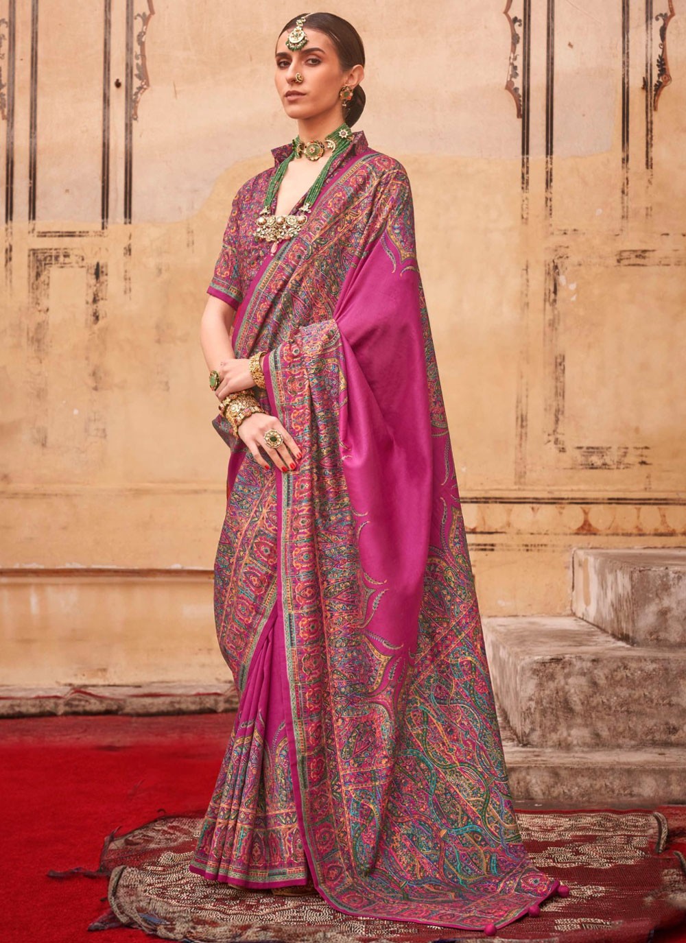 Paisley Printed Silk Hot Pink Saree S13964