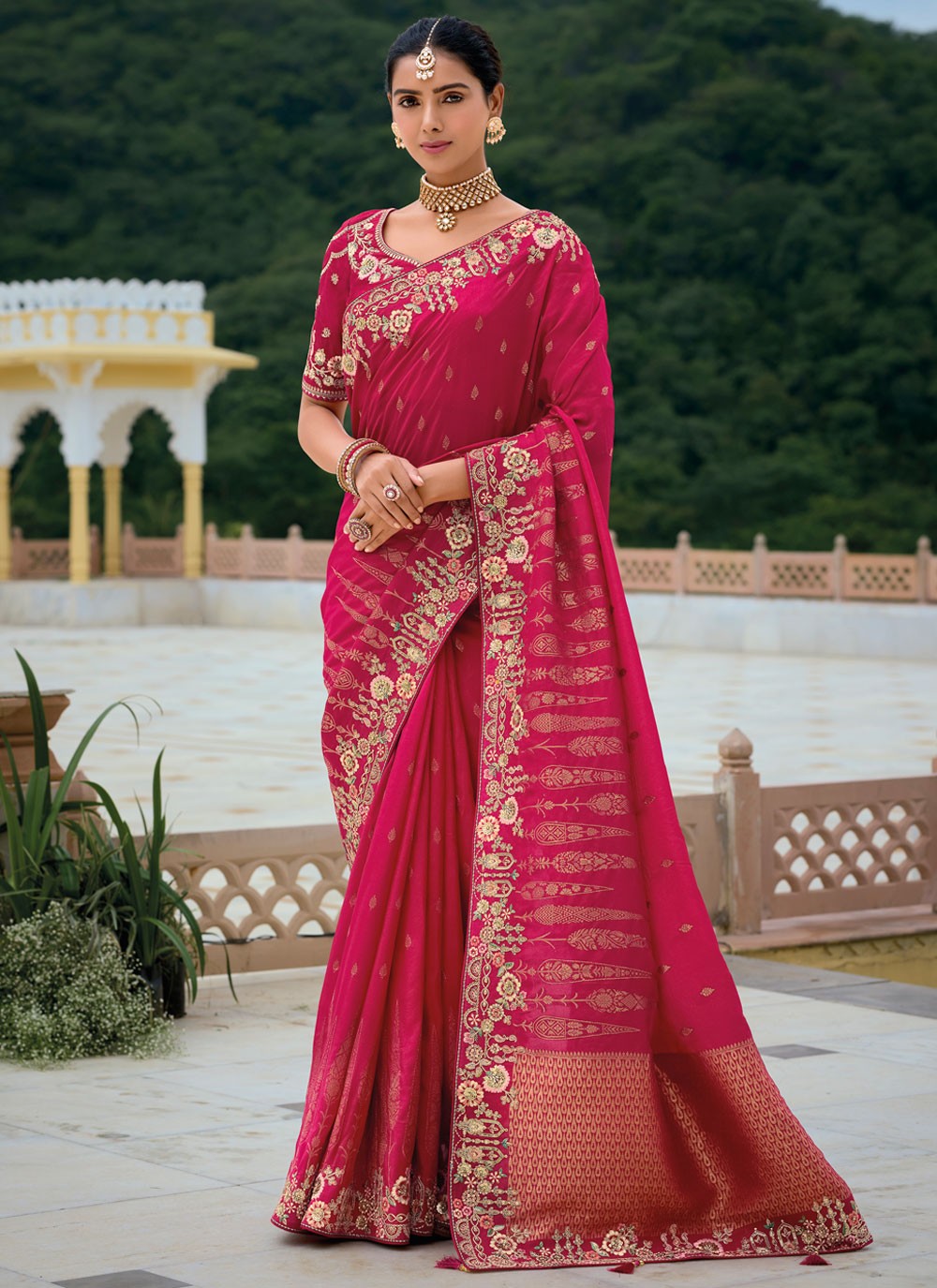 Embroidered Silk Hot Pink Saree S14420