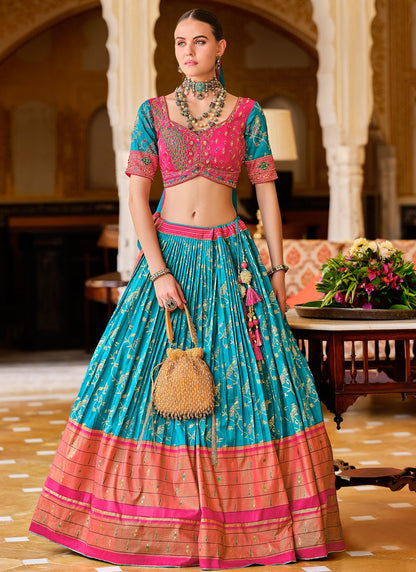 Foliage Prints Silk Blue Lehenga - L3237