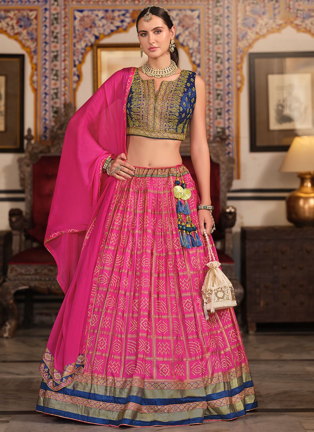 Foliage Prints Silk Pink Lehenga - L3280