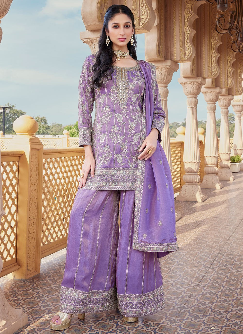 Salwar Suit Embroidered Lavender Silk T5579