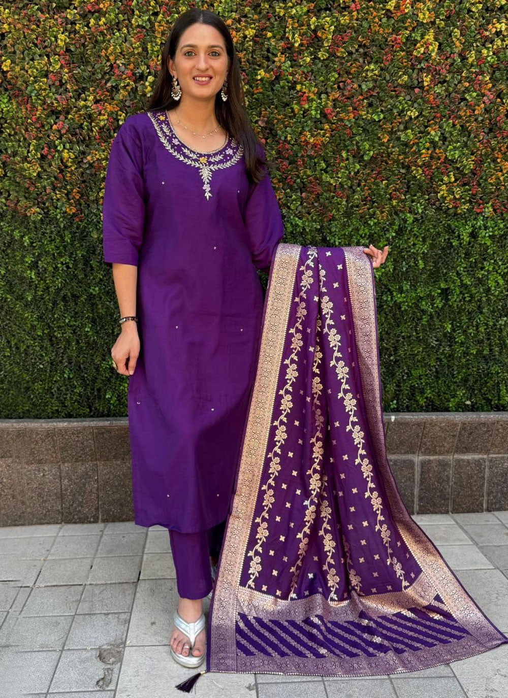 Salwar Suit Embroidered Violet Silk T5084
