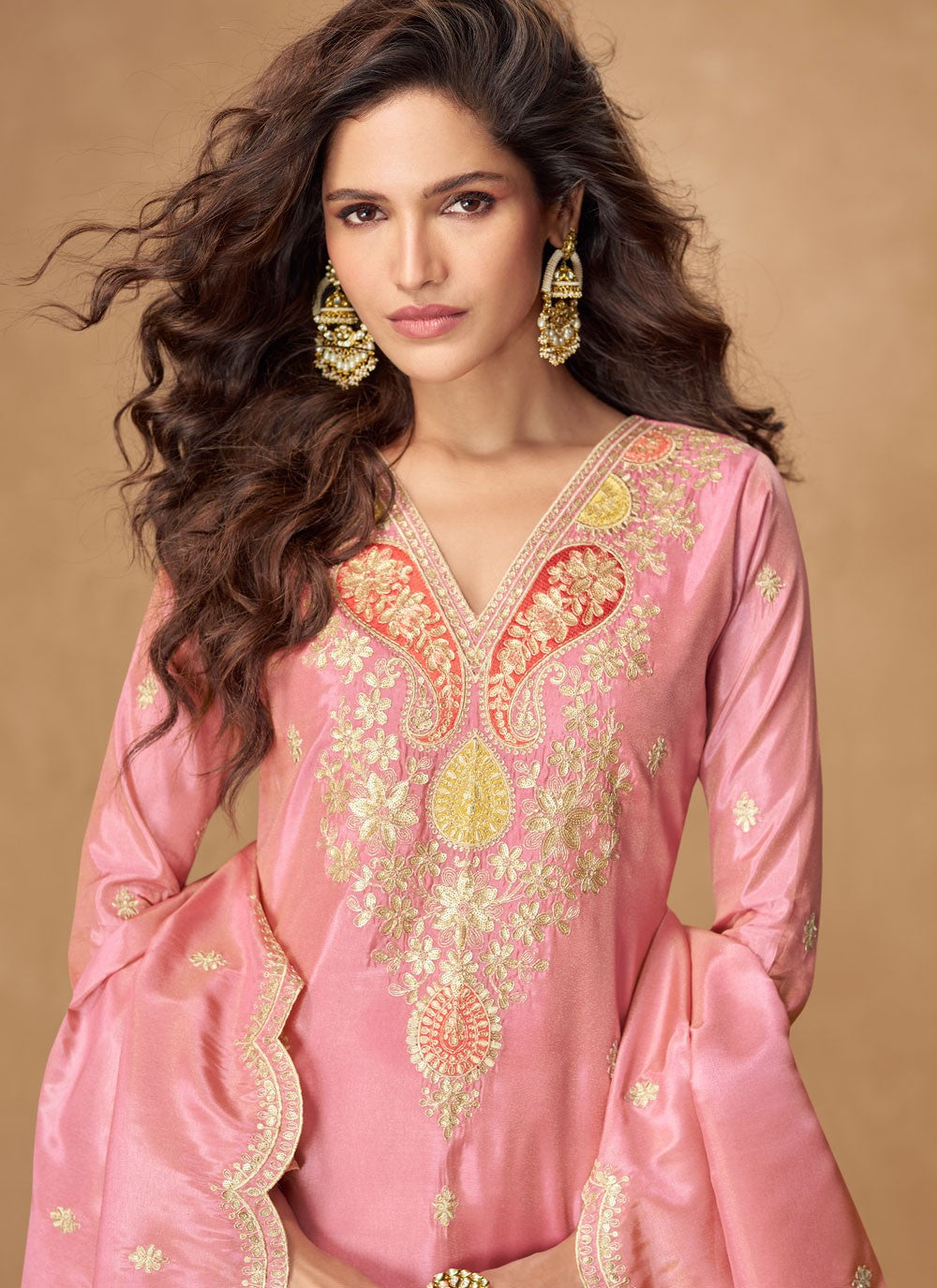 Palazzo Suit Embroidered, Zari Pink T7881