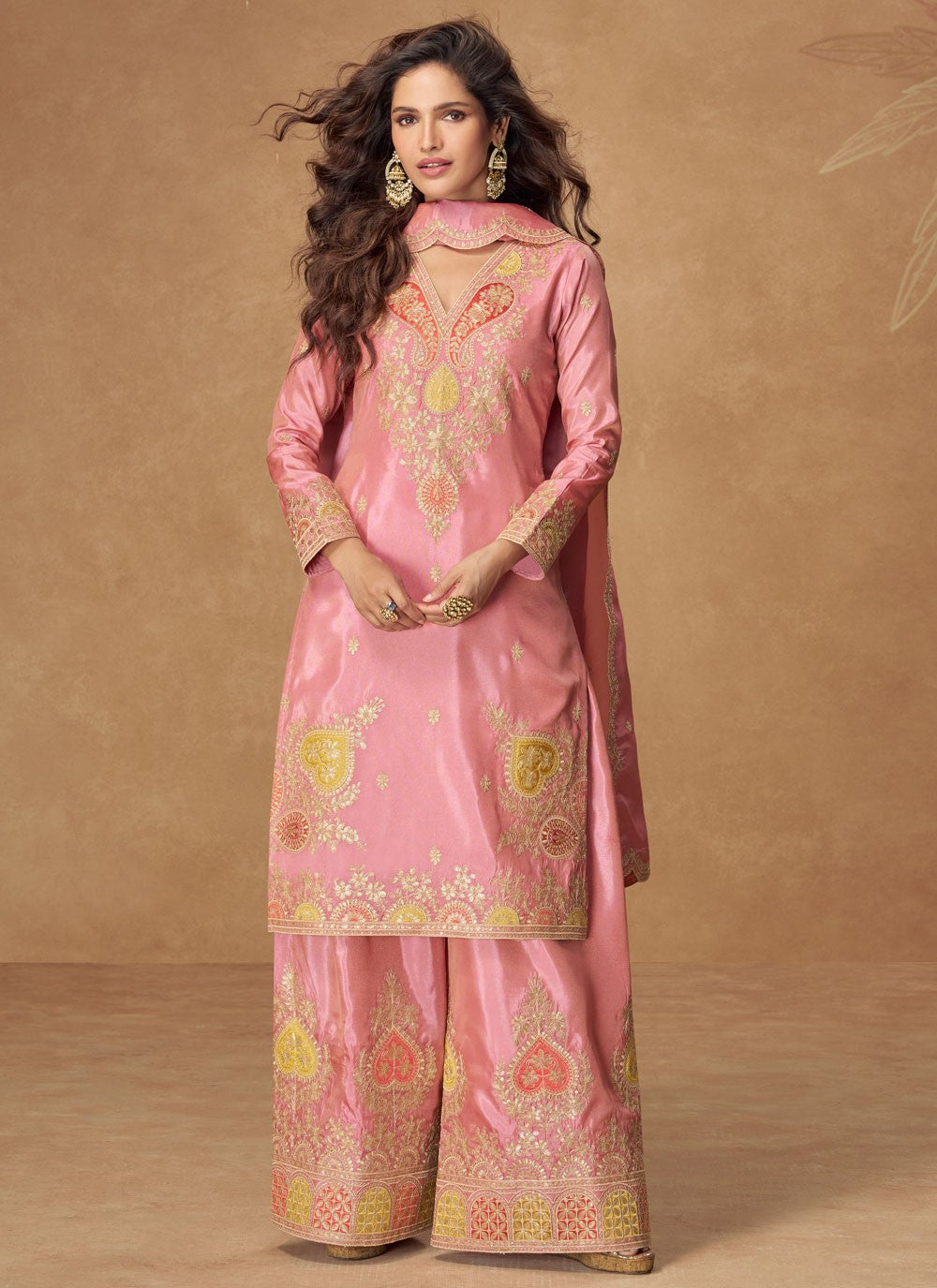 Palazzo Suit Embroidered, Zari Pink T7881