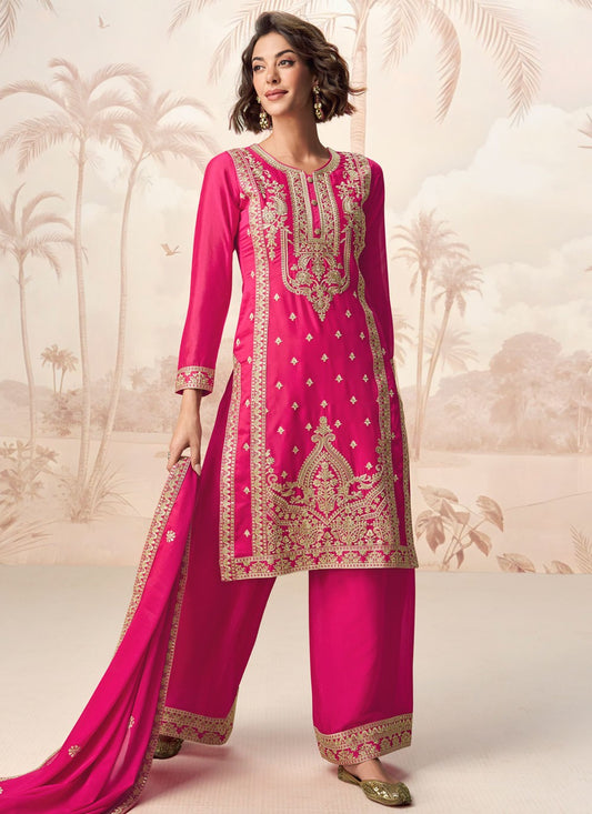 Palazzo Suit Embroidered, Sequins, Zari Hot Pink T7931