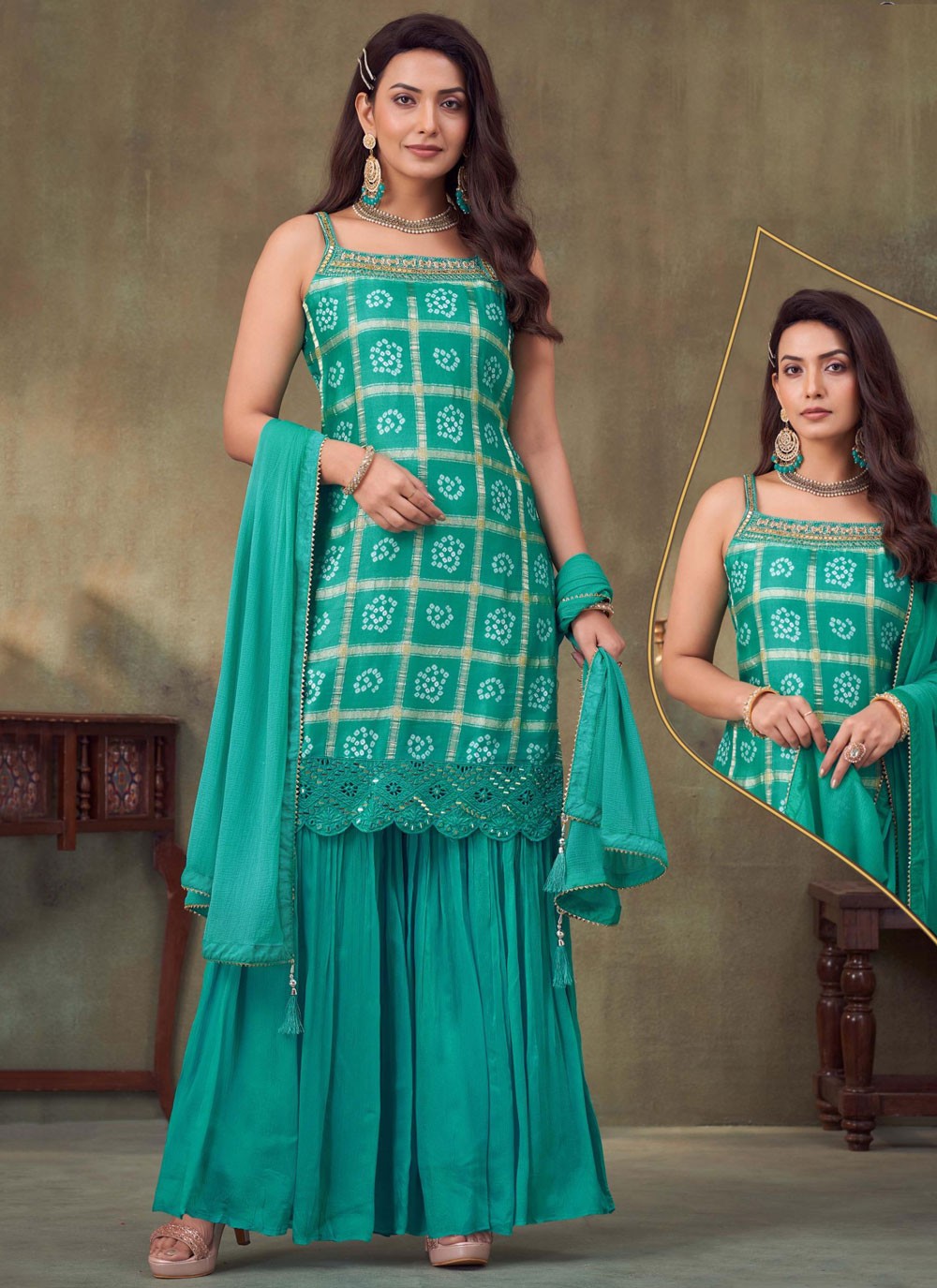 Palazzo Suit Embroidered, Printed, Thread Turquoise T7781