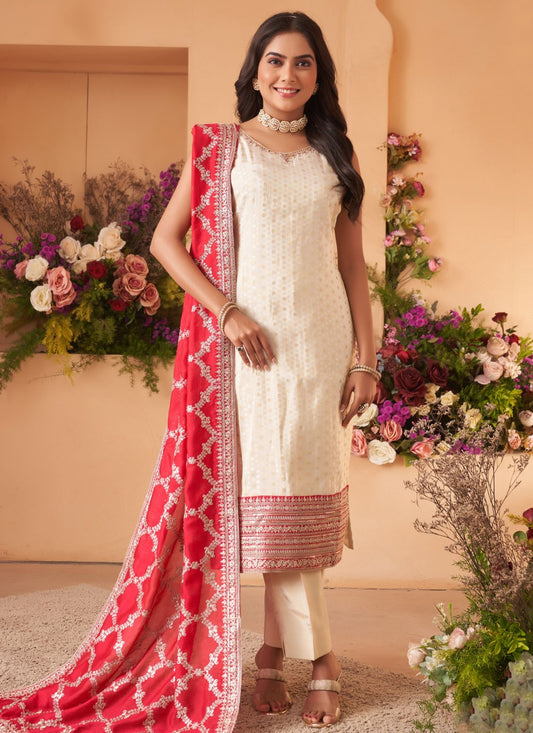 Pant Style Suit Jacquard Work, Zari White T7599
