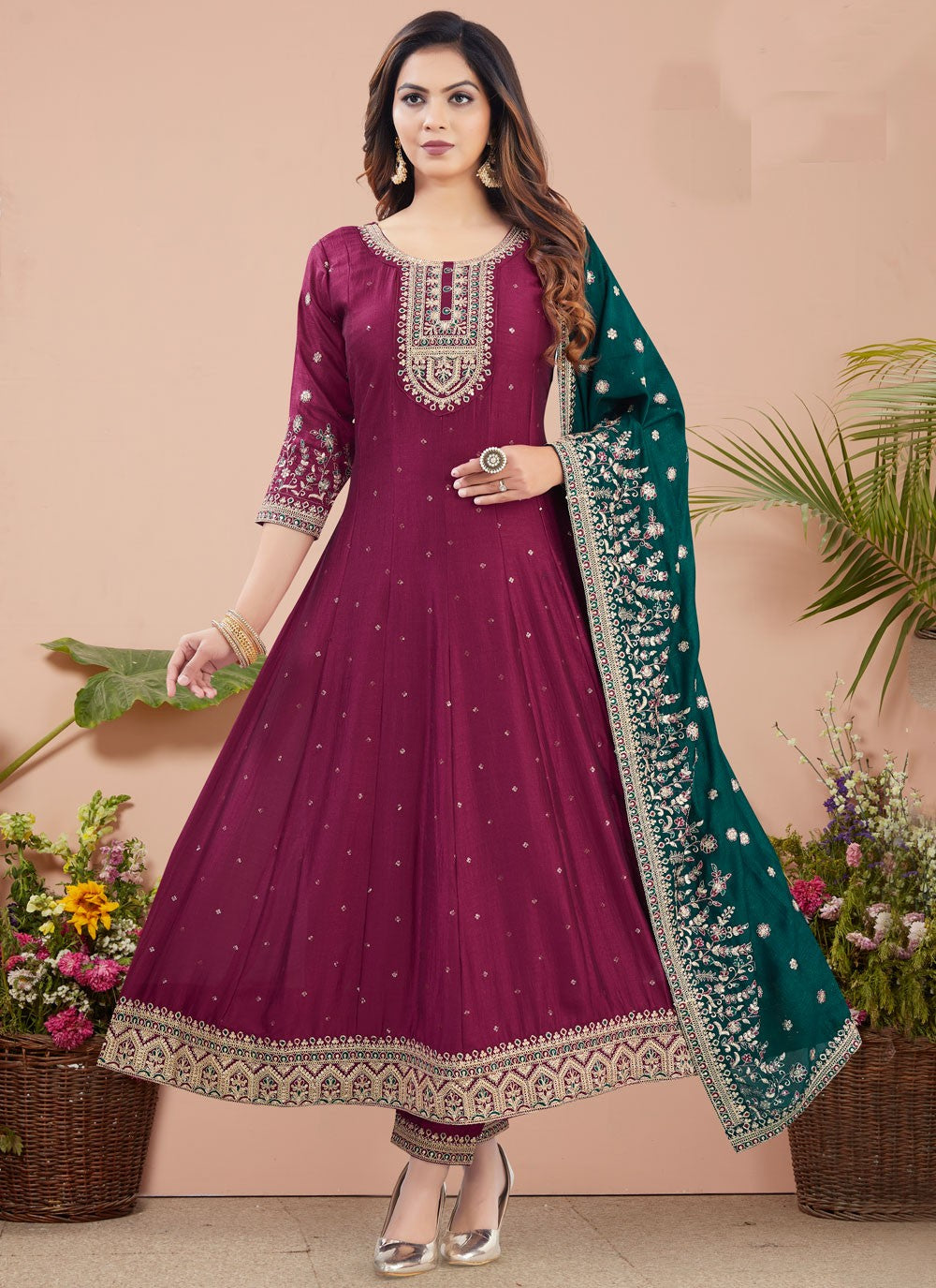 Salwar Suit Weaving Zari Wine Silk T5226