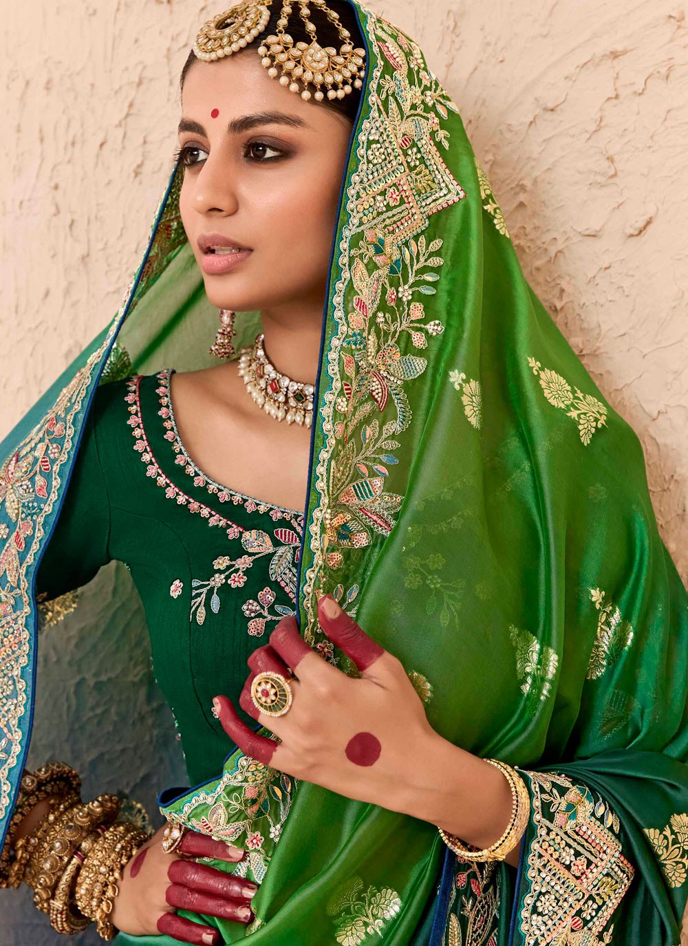 Contemporary Embroidered Green, Morpeach Silk Saree S13663