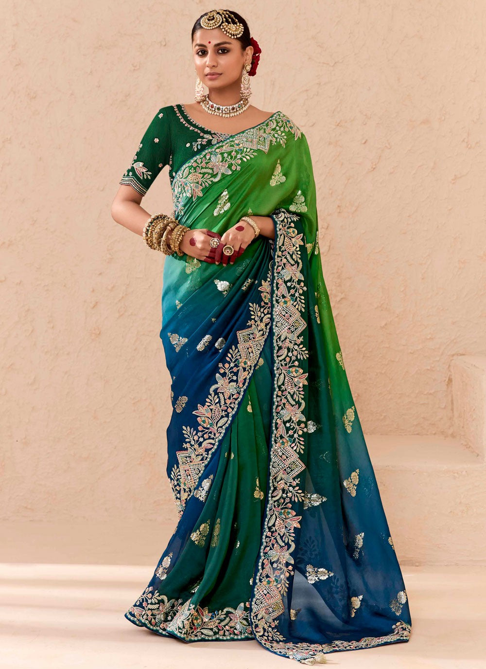 Contemporary Embroidered Green, Morpeach Silk Saree S13663