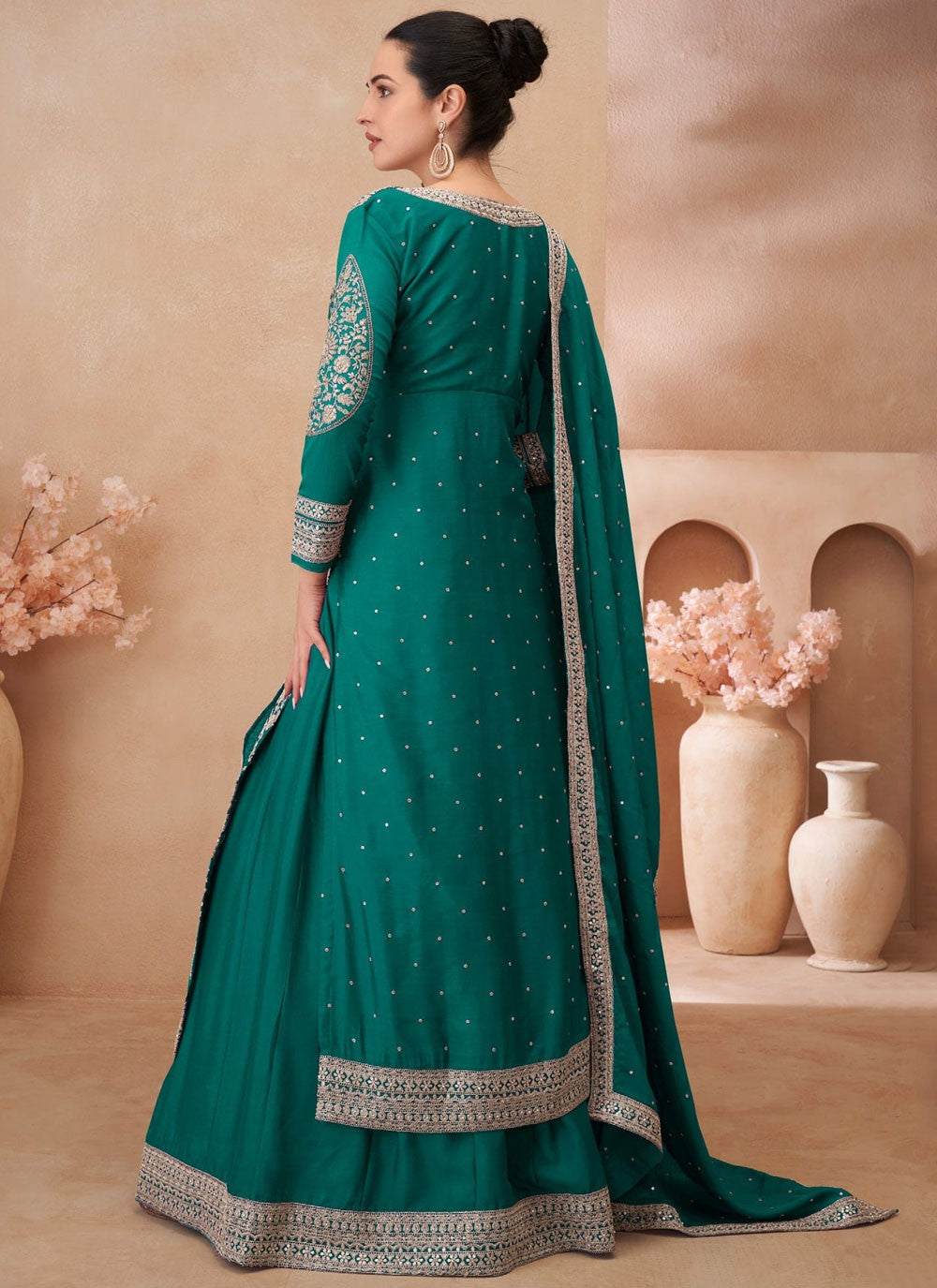 Embroidered Chinon, Silk Green, Teal Lehenga - L3343