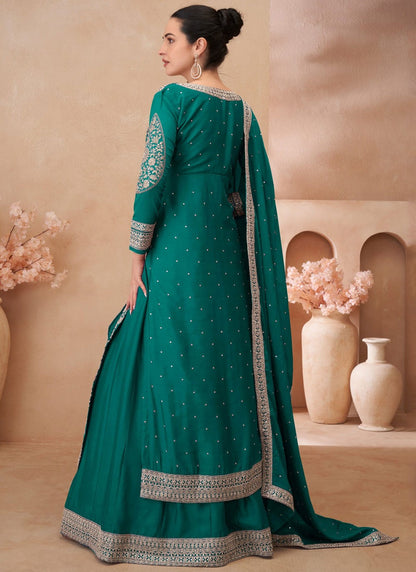 Embroidered Chinon, Silk Green, Teal Lehenga - L3343