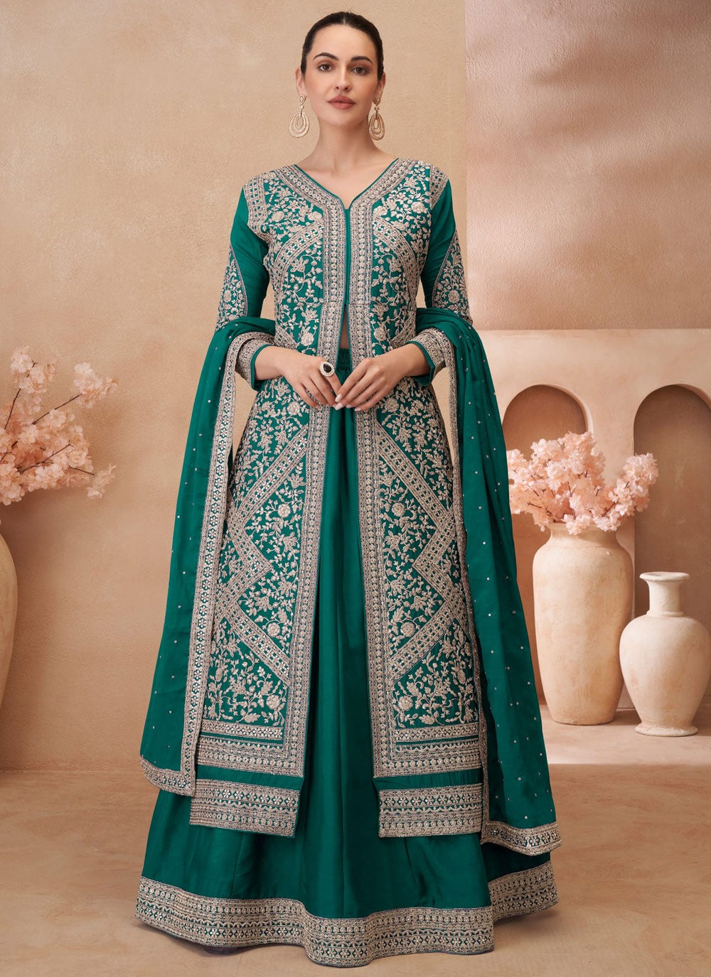 Embroidered Chinon, Silk Green, Teal Lehenga - L3343