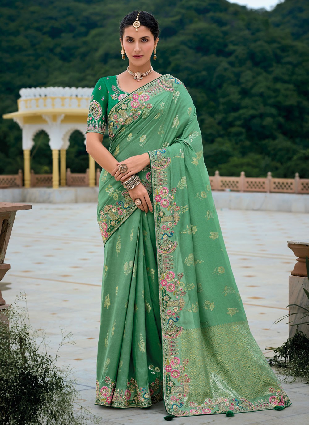Embroidered Silk Green Saree S14421