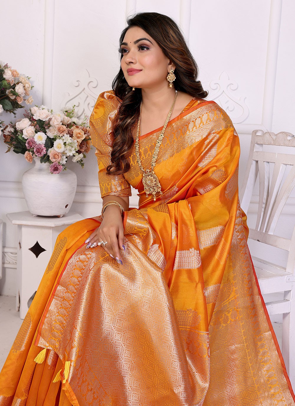 Weaving Zari Silk Yellow Saree S14351