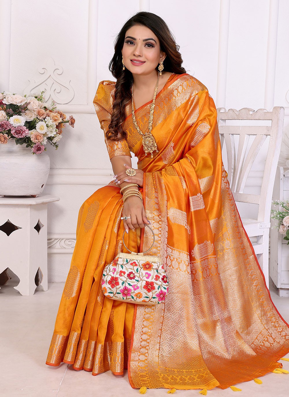 Weaving Zari Silk Yellow Saree S14351