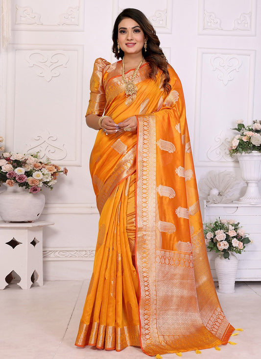 Weaving Zari Silk Yellow Saree S14351
