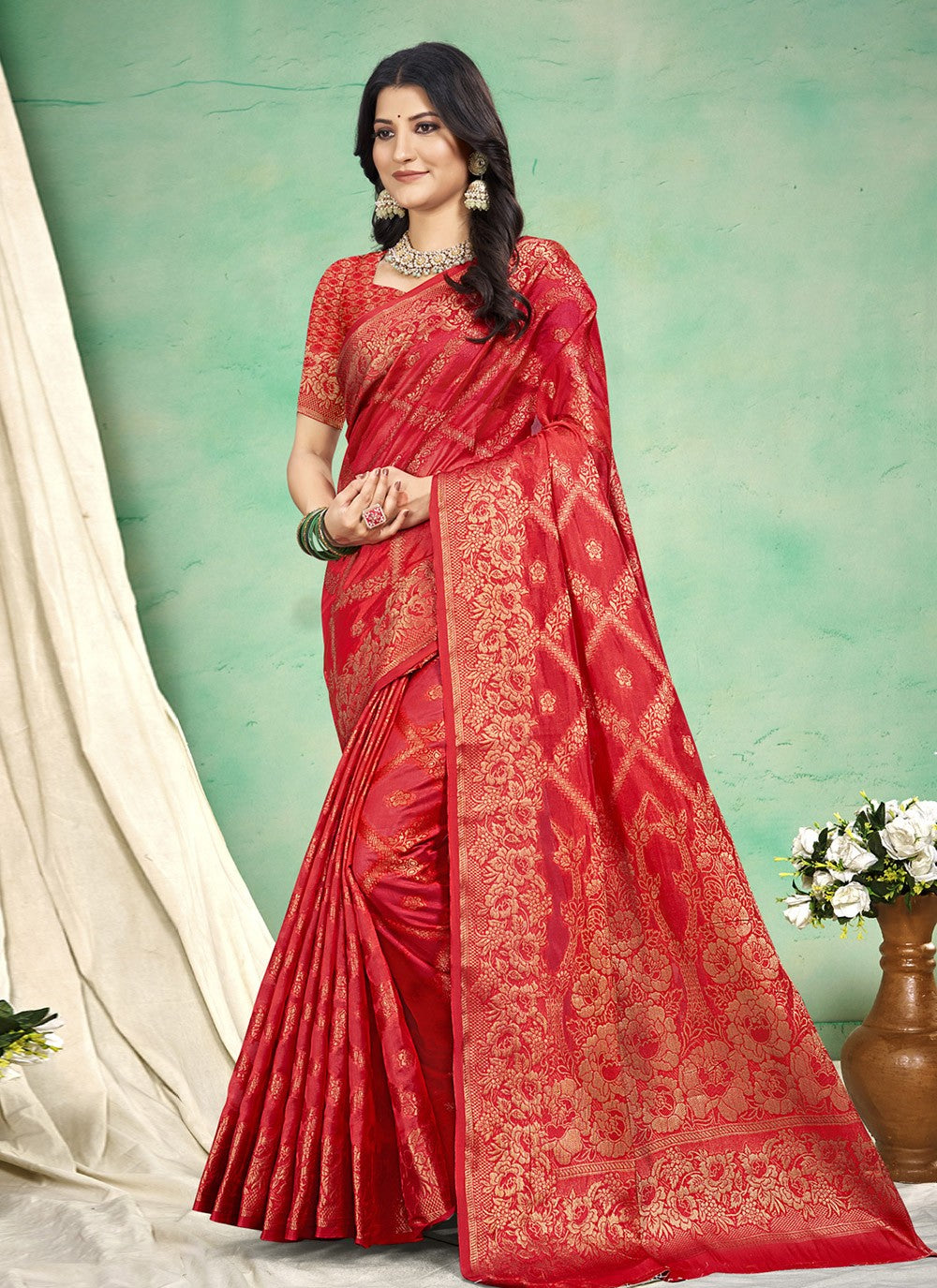 Classic Saree Woven Red Silk S12714
