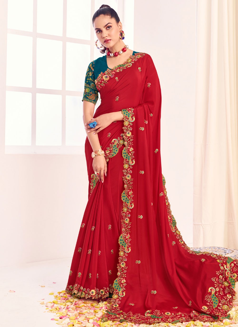 Designer Border Work Red Silk Saree S12572