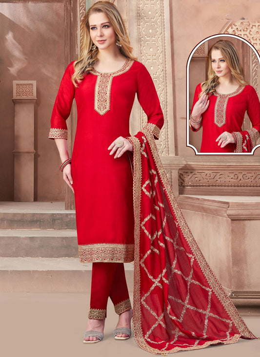 Salwar Suit Weaving Zari Red Silk T5241