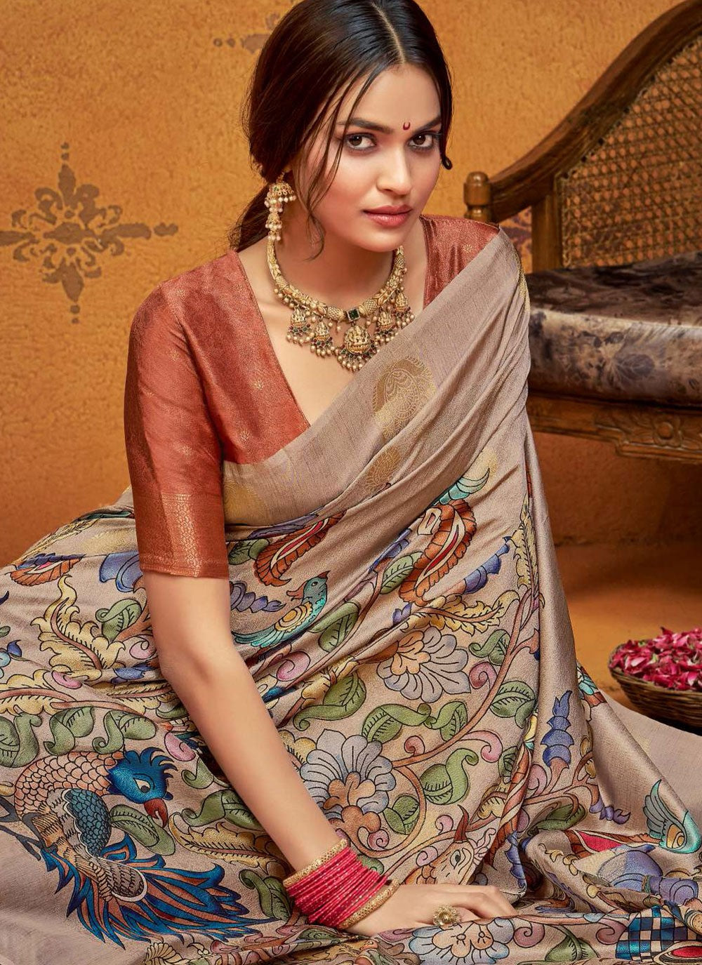 Rust Silk Designer Saree Printed, Weaving Zari S18657