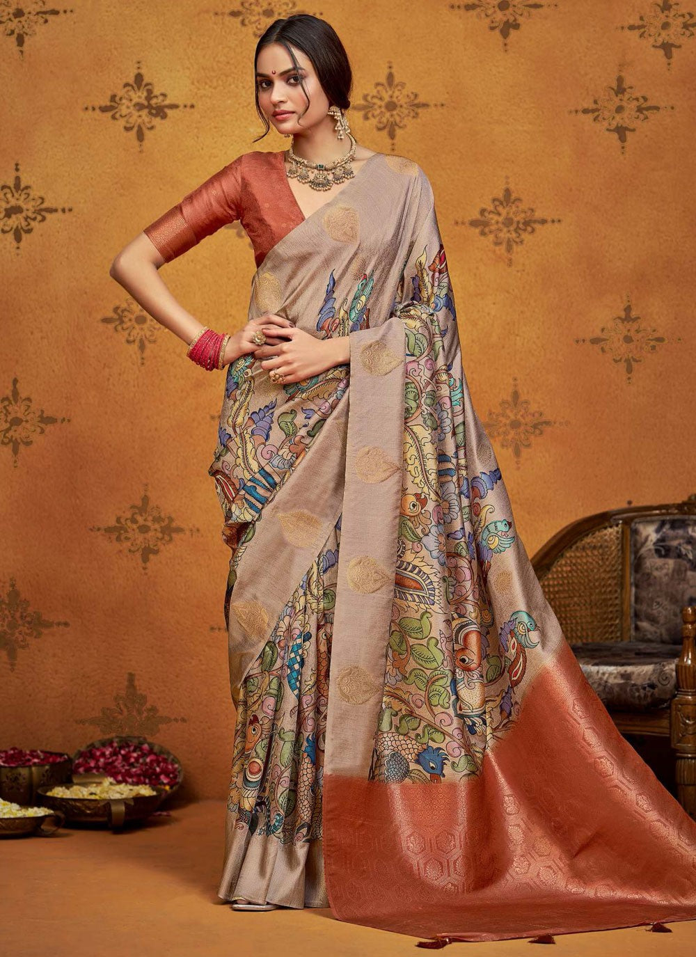 Rust Silk Designer Saree Printed, Weaving Zari S18657