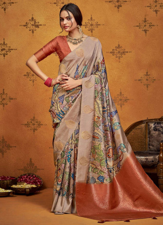 Rust Silk Designer Saree Printed, Weaving Zari S18657
