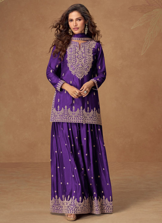 Palazzo Suit Embroidered Purple T8543