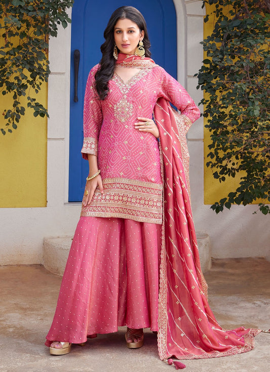 Salwar Suit Embroidered Pink Silk T5450