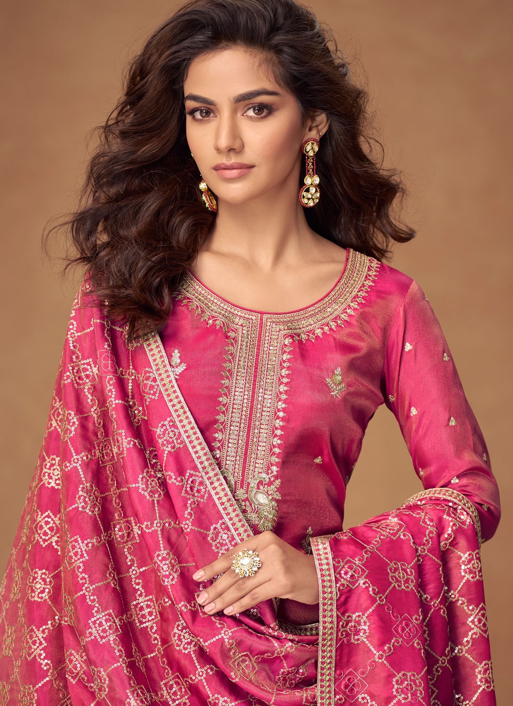 Palazzo Suit Embroidered, Sequins, Zari Pink T8182