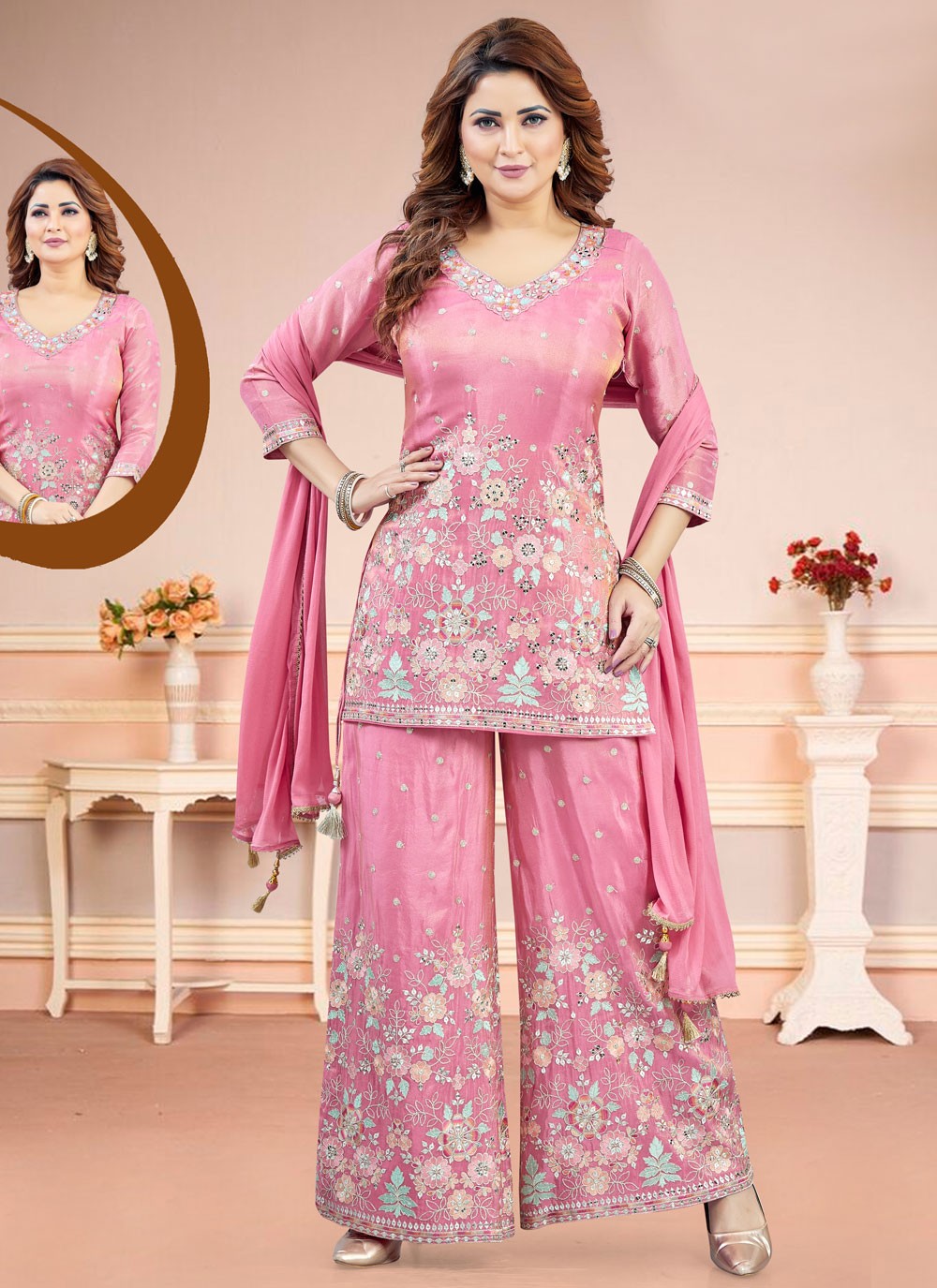 Salwar Suit Embroidered Pink Silk T5843