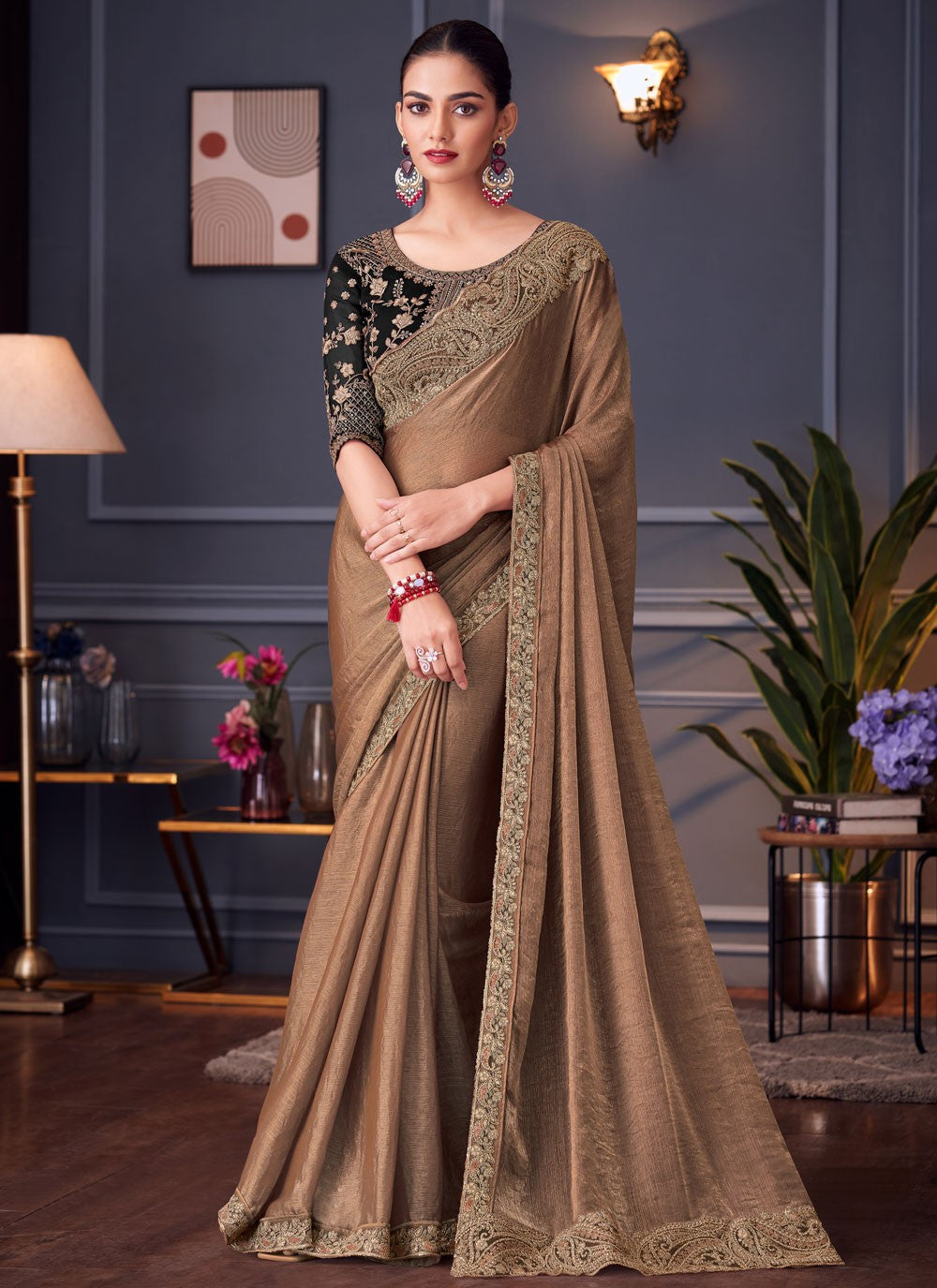 Brown Silk Trendy Saree Border Work, Cut Work, Embroidered, Zari S16686