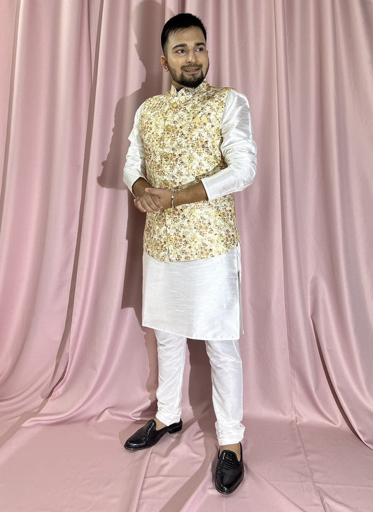 Embroidered Rayon, Silk Cream, White Kurta Payjama With Jacket - M5893