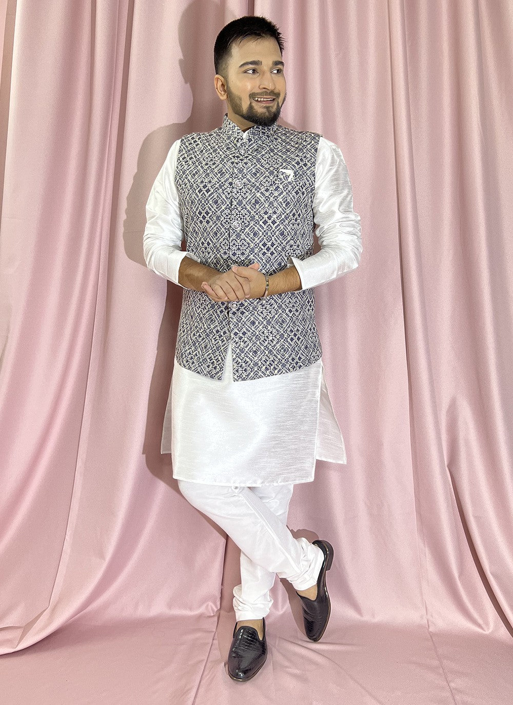 Embroidered Rayon, Silk Blue, White Kurta Payjama With Jacket - M5896