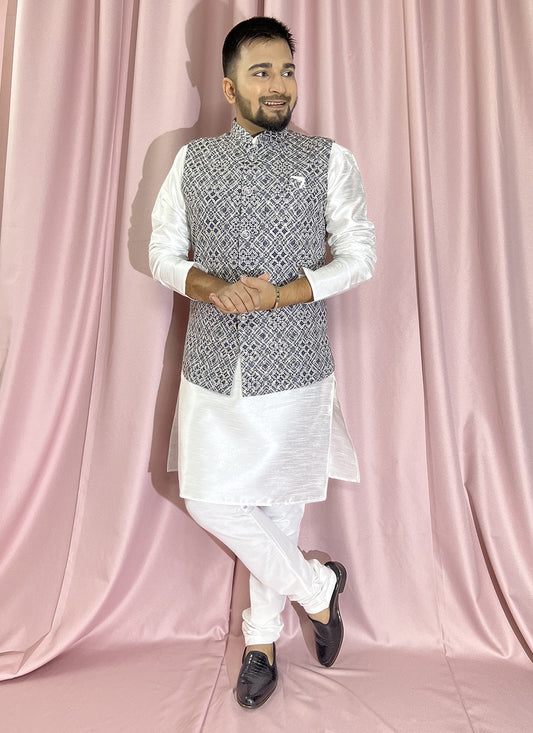 Embroidered Rayon, Silk Blue, White Kurta Payjama With Jacket - M5896