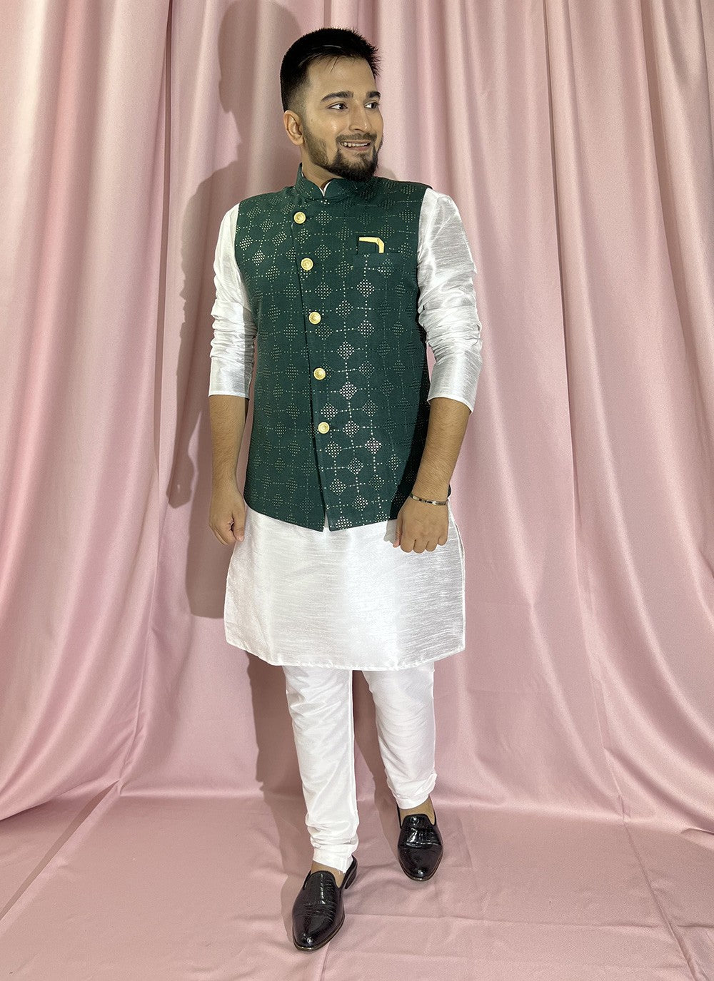 Embroidered Cotton , Silk Green, White Kurta Payjama With Jacket - M5889