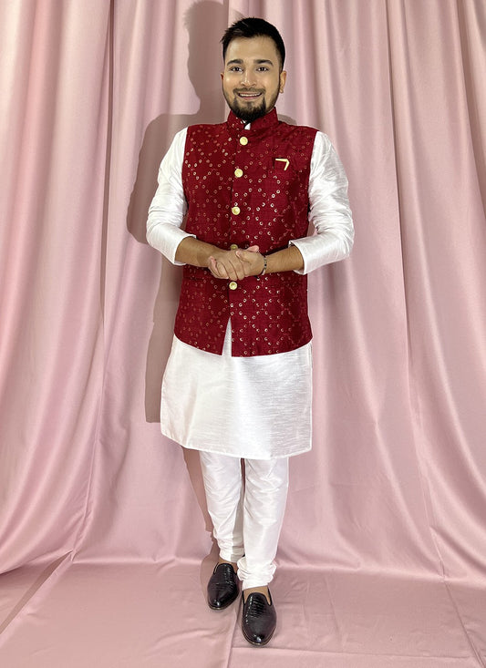 Embroidered Silk Maroon, White Kurta Payjama With Jacket - M5904