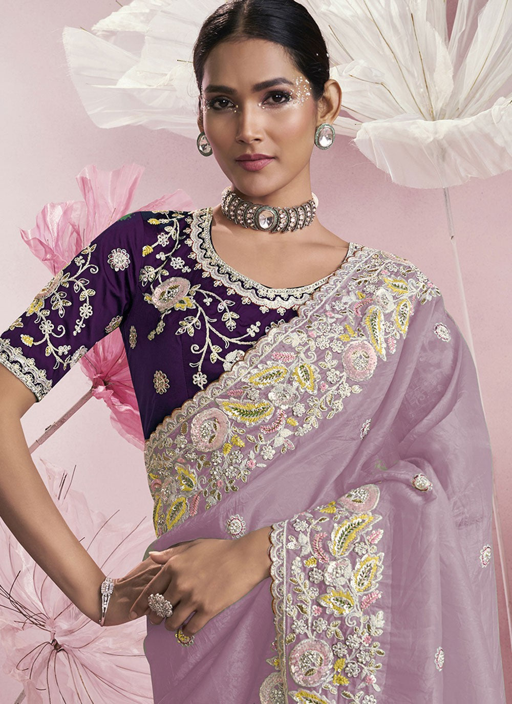 Embroidered Silk Lavender Saree S14147