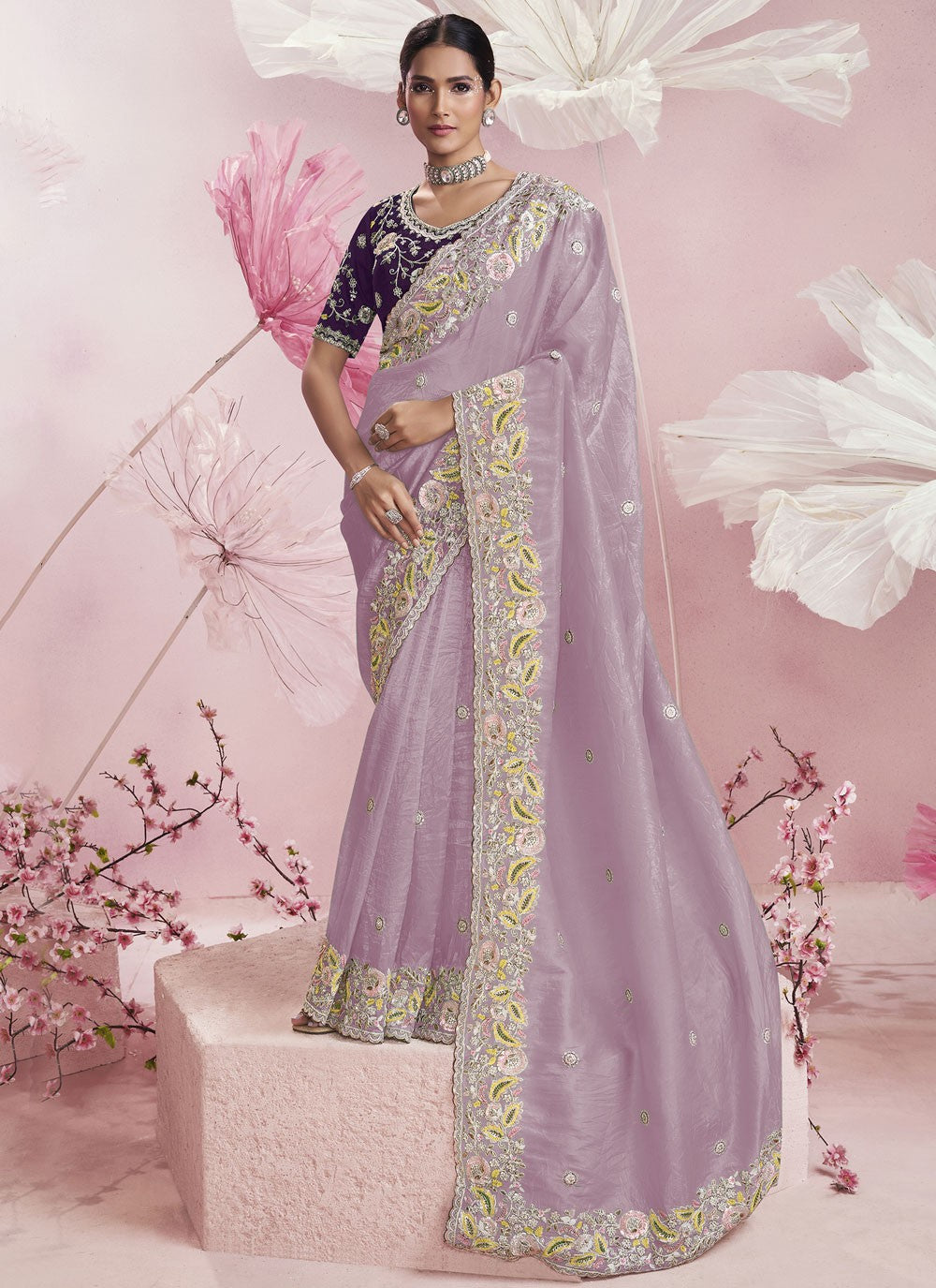 Embroidered Silk Lavender Saree S14147