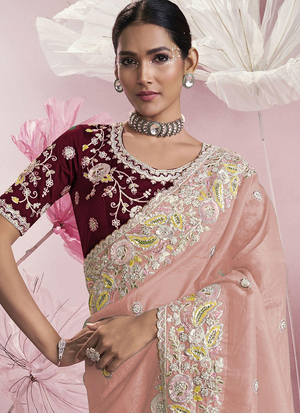 Embroidered Silk Peach Saree S13910