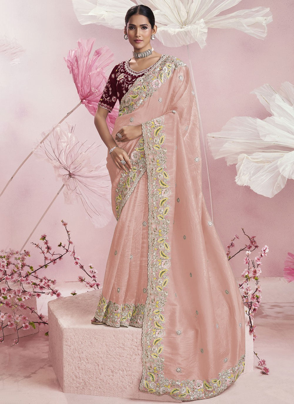 Embroidered Silk Peach Saree S14146