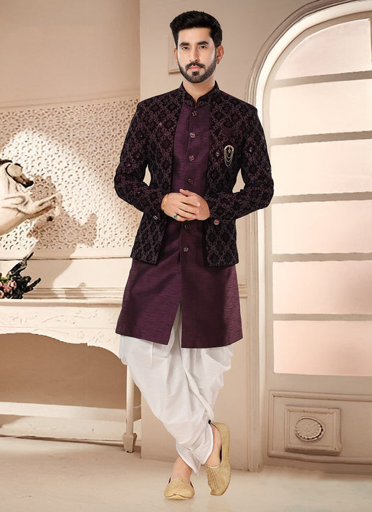 Embroidered Silk Wine Sherwani - M7542