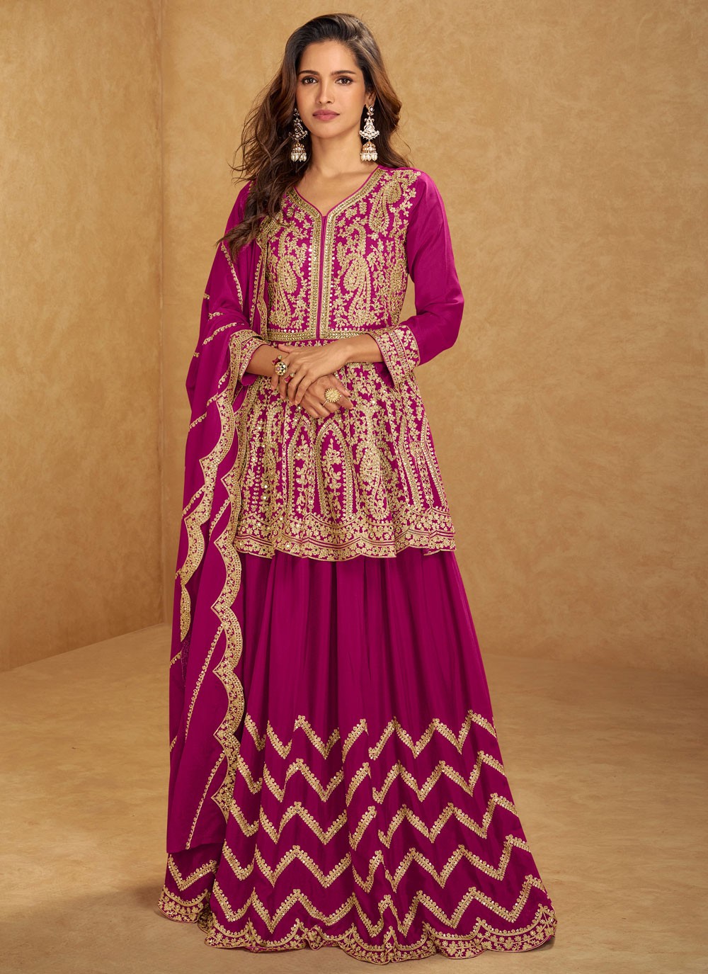 Sharara Suit Embroidered, Mirror, Zari Hot Pink T6674