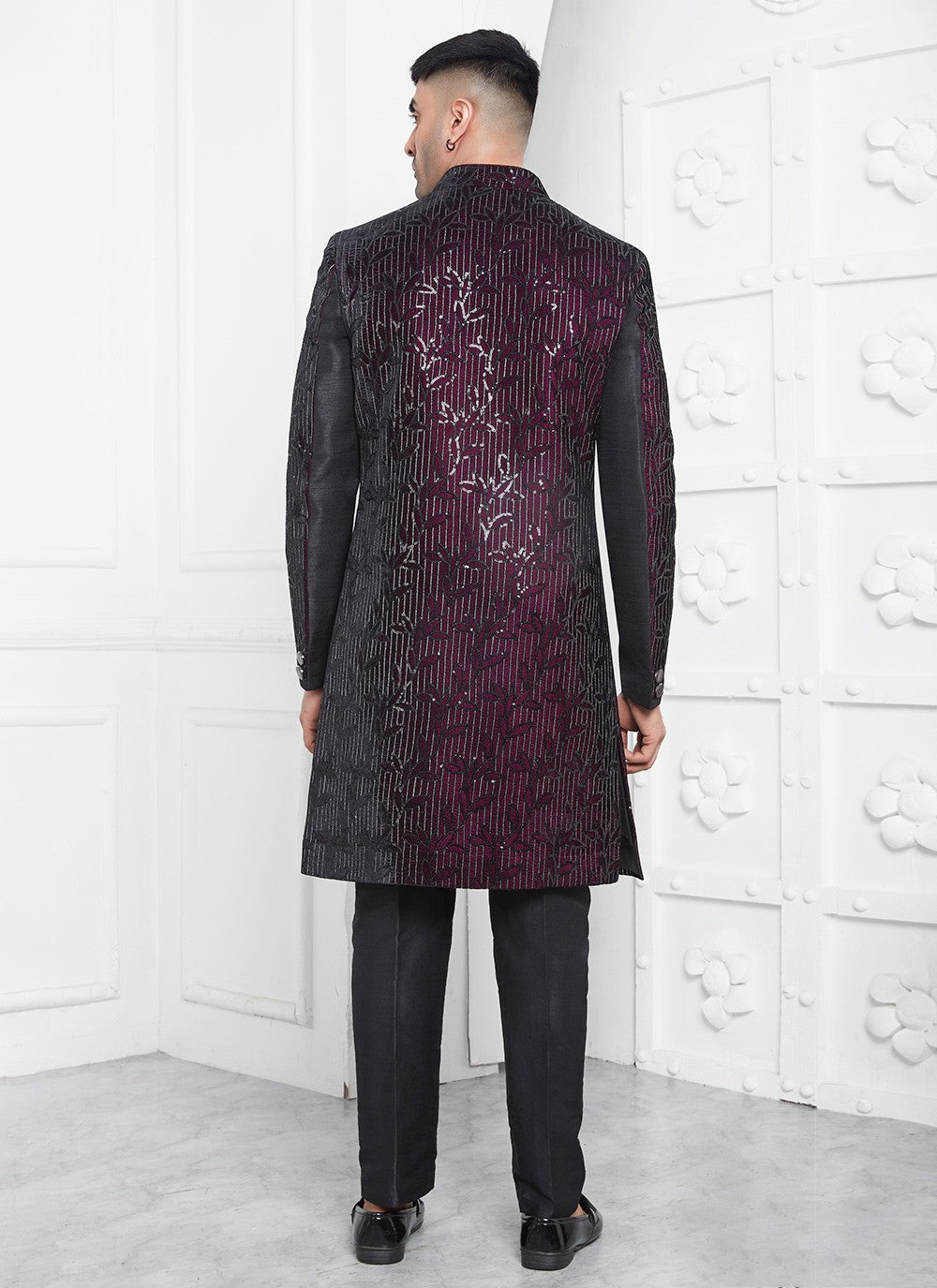 Machine Embroidery Silk, Velvet Black, Wine Sherwani - M8246