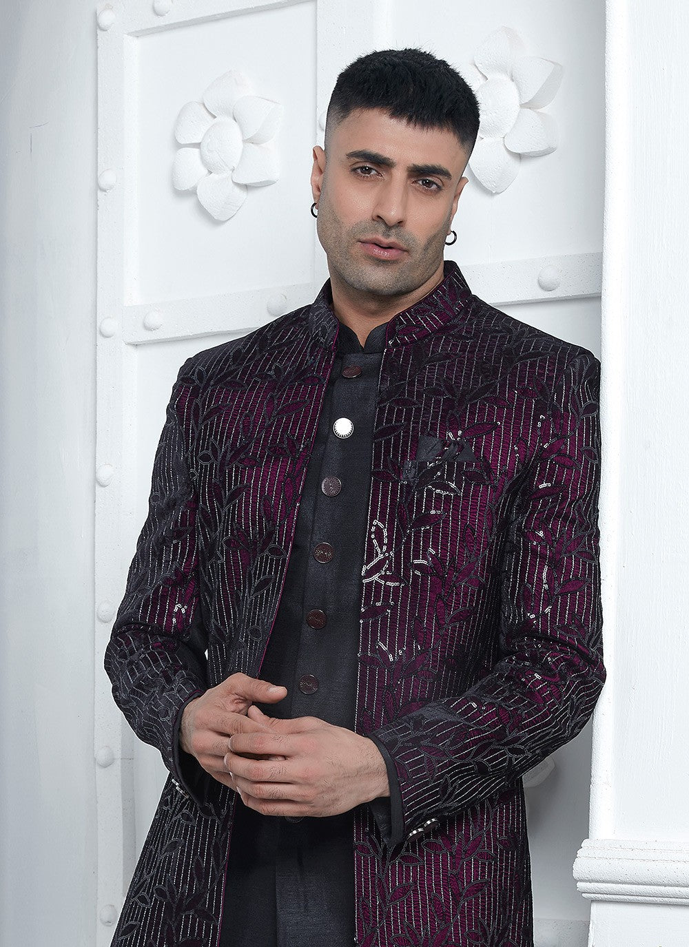 Machine Embroidery Silk, Velvet Black, Wine Sherwani - M8246