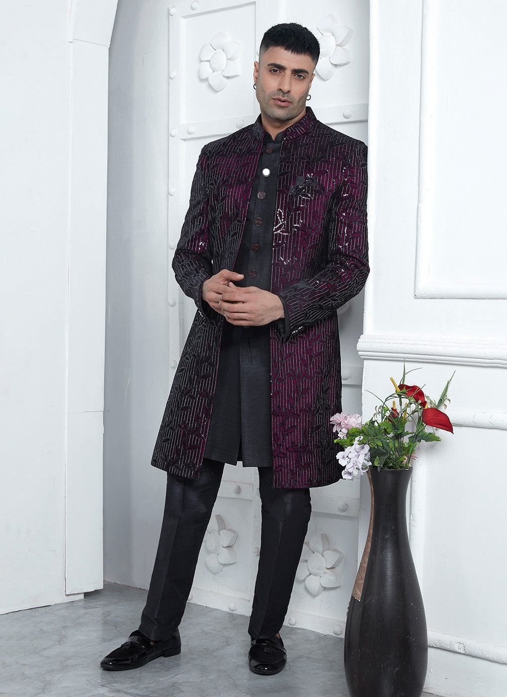 Machine Embroidery Silk, Velvet Black, Wine Sherwani - M8246